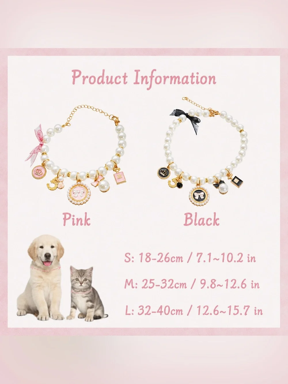 Cute Pearl Dog Cat Collar Necklace Black and Gold Charms Pet Jewelry Adjustable